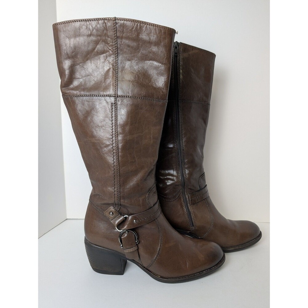 Clarks Boots Womens Size 10M Brown Leather Riding Knee High Zip Buckle Heel